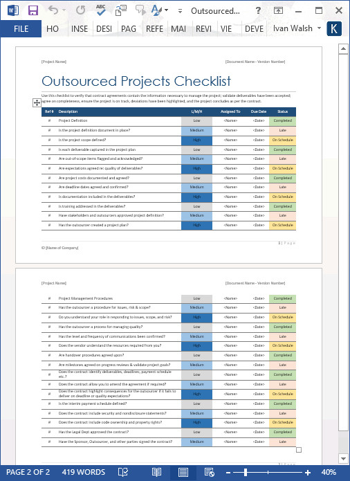 Outsourced Projects Checklist – Word Template – Software