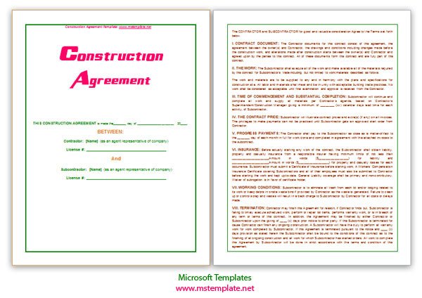 Microsoft Word Templates Construction Agreement Template