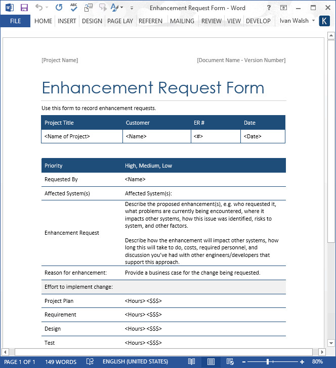 Enhancement Request Form – Word Template – Software Testing