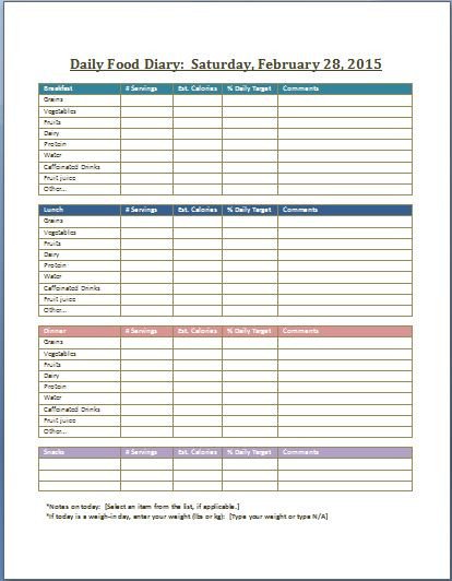 Daily Food Diary and Log Template