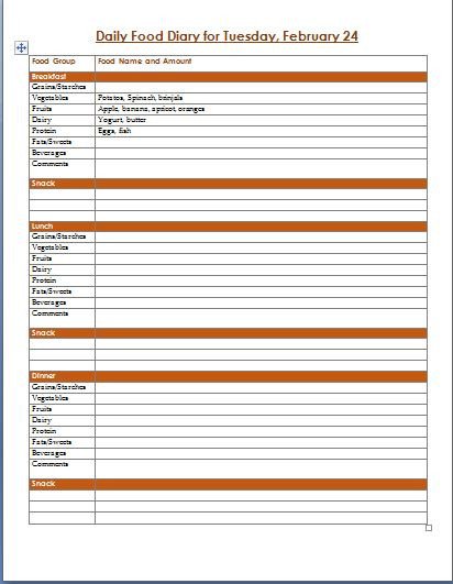 Daily Food Diary and Log Template