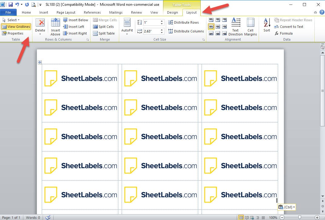 How To Turn The Label Template Gridlines In MS Word