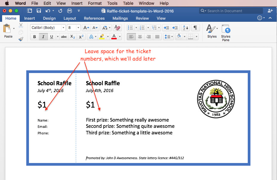 Print raffle tickets using a template in fice Word 2016