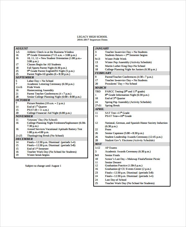 Sample School Schedule Template 11 Free Documents