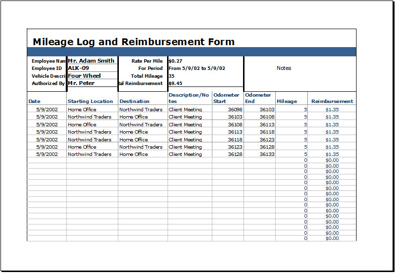 Mileage Log with Reimbursement Form MS Excel