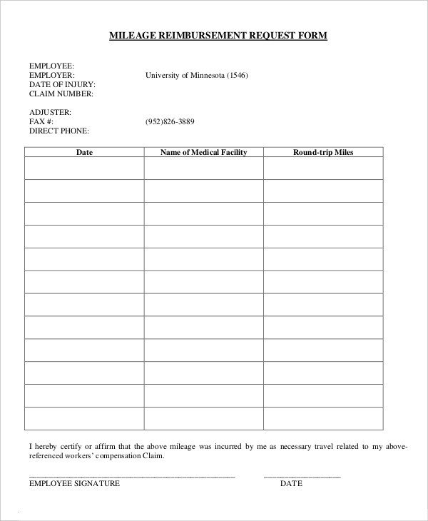 Mileage Reimbursement Form 9 Free Sample Example