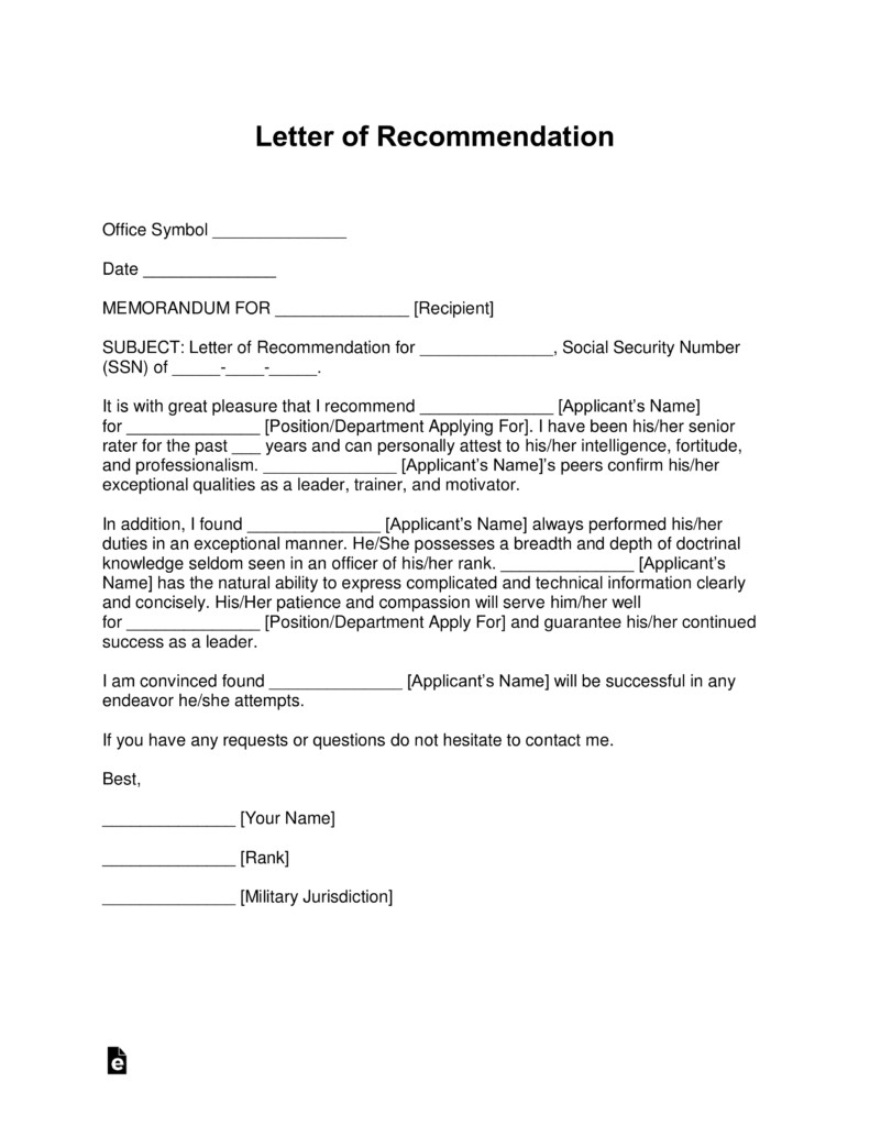 Free Military Letter of Re mendation Templates Samples
