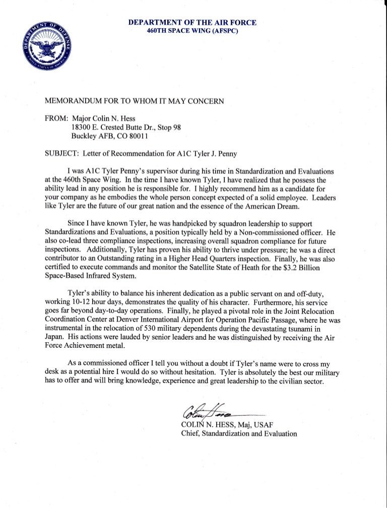 Letter of Re mendation Major Hess