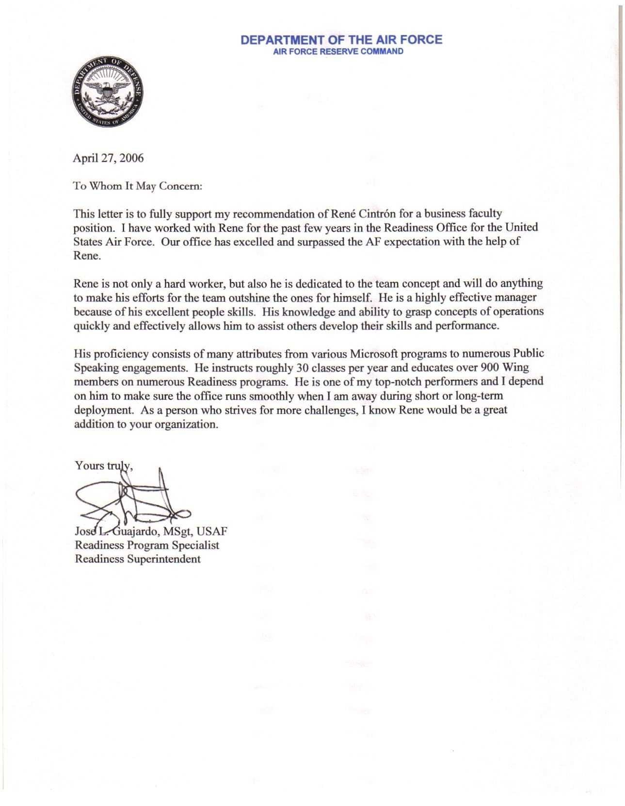 New Letter Re mendation Template Air Force