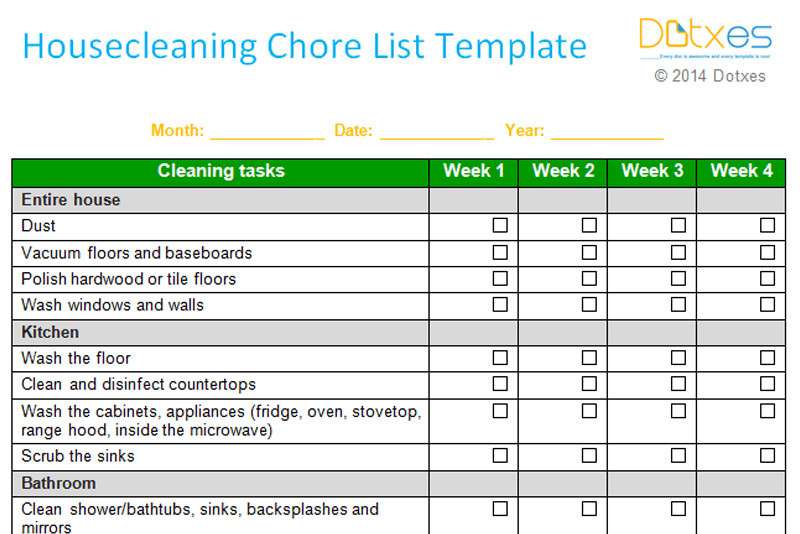 House cleaning chore list template Weekly Dotxes