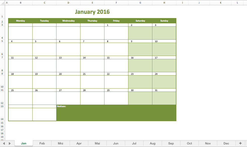 Monthly Calendar 2016 Excel