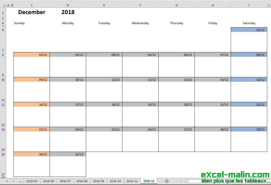 Printable monthly calendar template for Excel