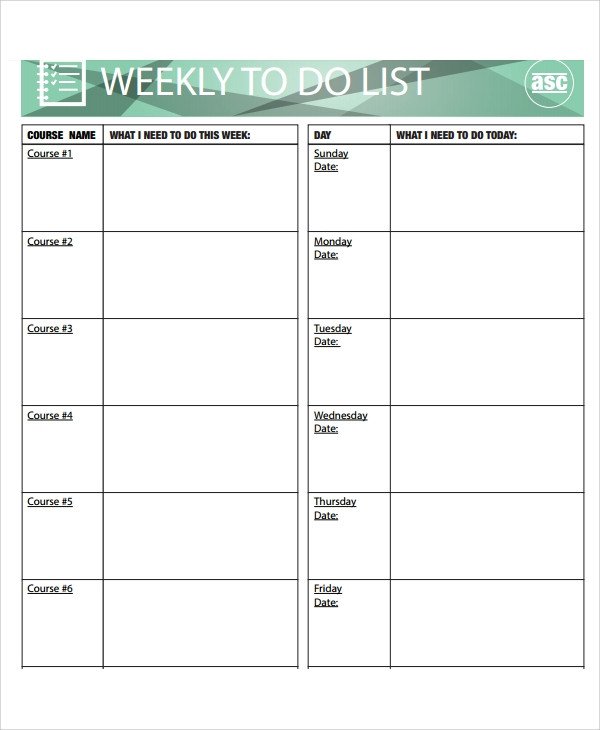 Sample Weekly To Do List Template 8 Free Documents