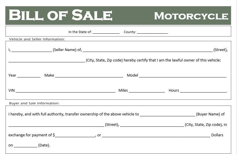 Free Motorcycle Bill of Sale Templates All States f