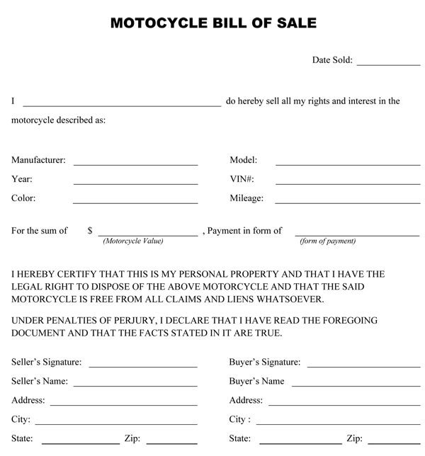 Free Printable Motorcycle Bill of Sale Form GENERIC