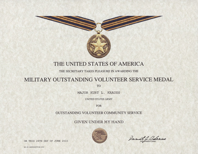 Outstanding Volunteer Service medal certificate