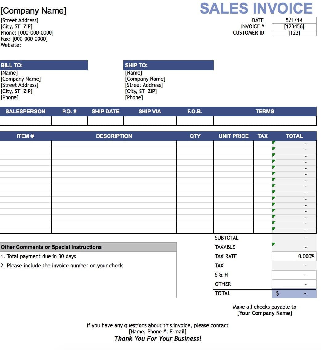 Free Sales Invoice Template Excel PDF