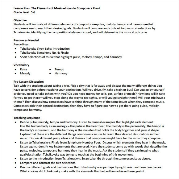 Sample Music Lesson Plan Template 9 Free Documents in
