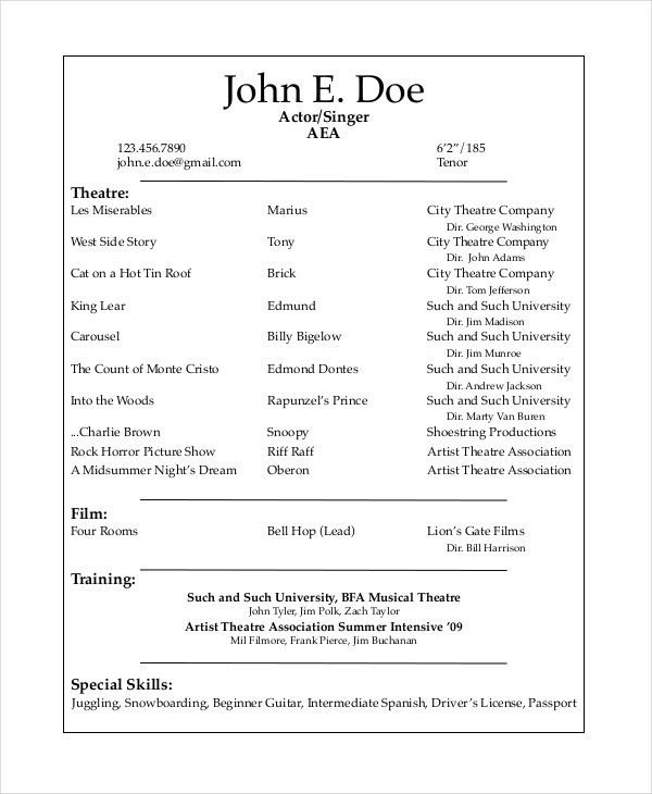 Musical Theatre Resume Template The General Format and