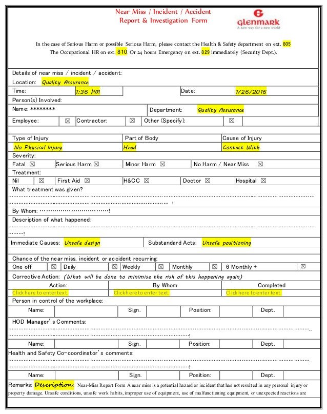 Near Miss Incident Accident Report & Investigation Form