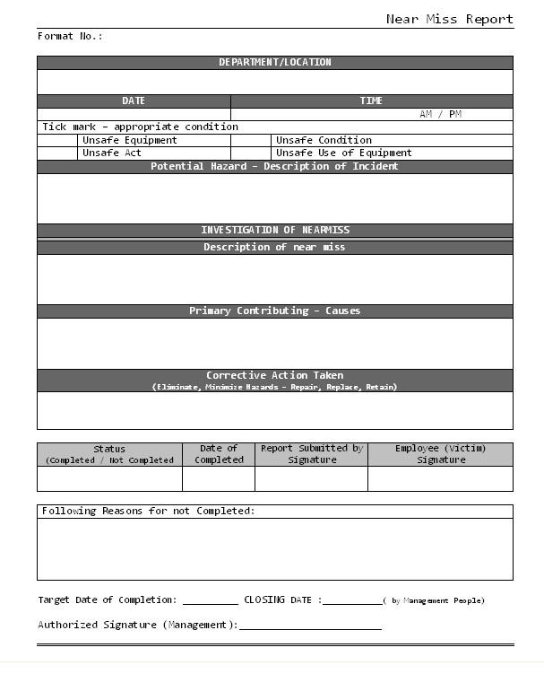 Near Miss Report format Form Template Sample