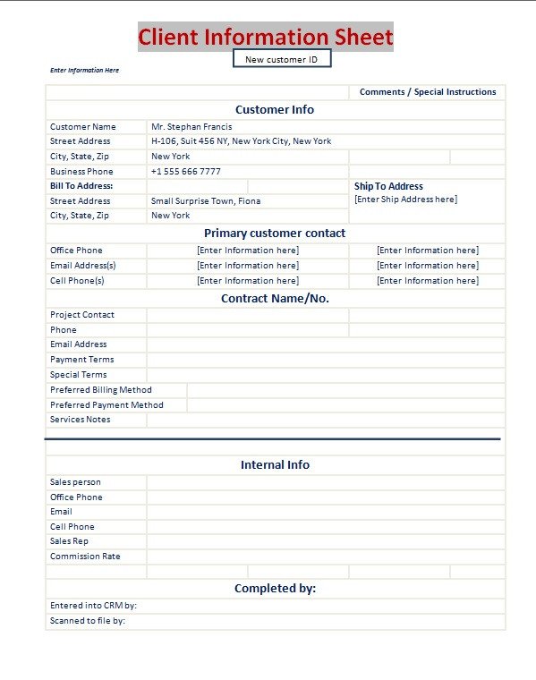 Client Information Sheet Template Excel PDF Formats