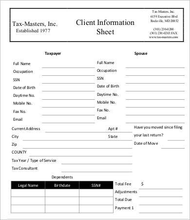 Client Information Sheet Templates 5 Blank Samples