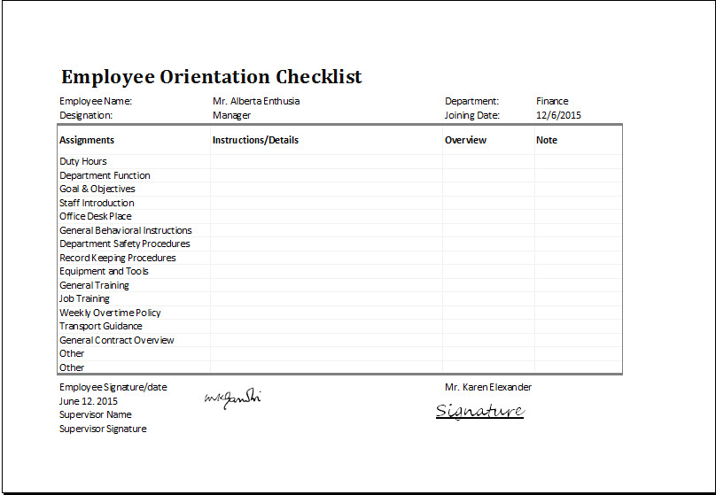 MS Excel Employee Orientation Checklist Editable Template
