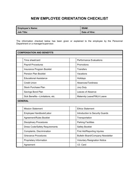 New Employee Orientation Checklist Excel