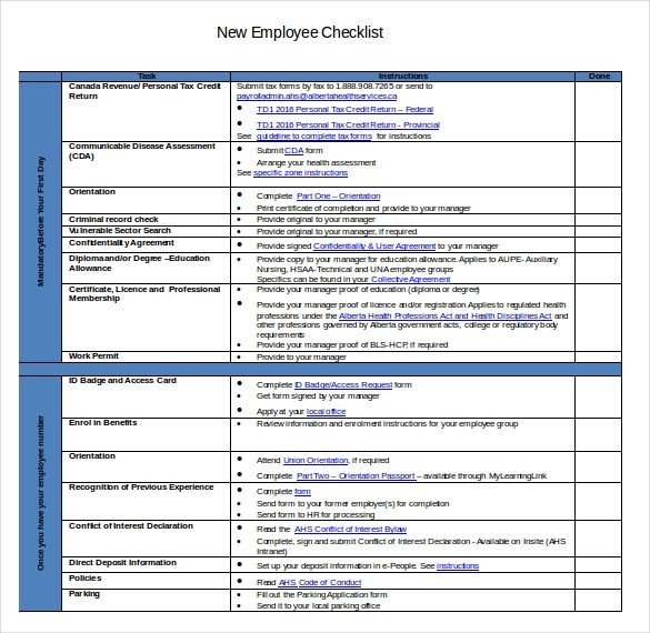 New Hire Checklist Template 18 Free Word Excel PDF