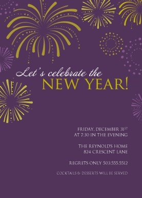Printable Purple Fireworks New Years Party Invitation Template