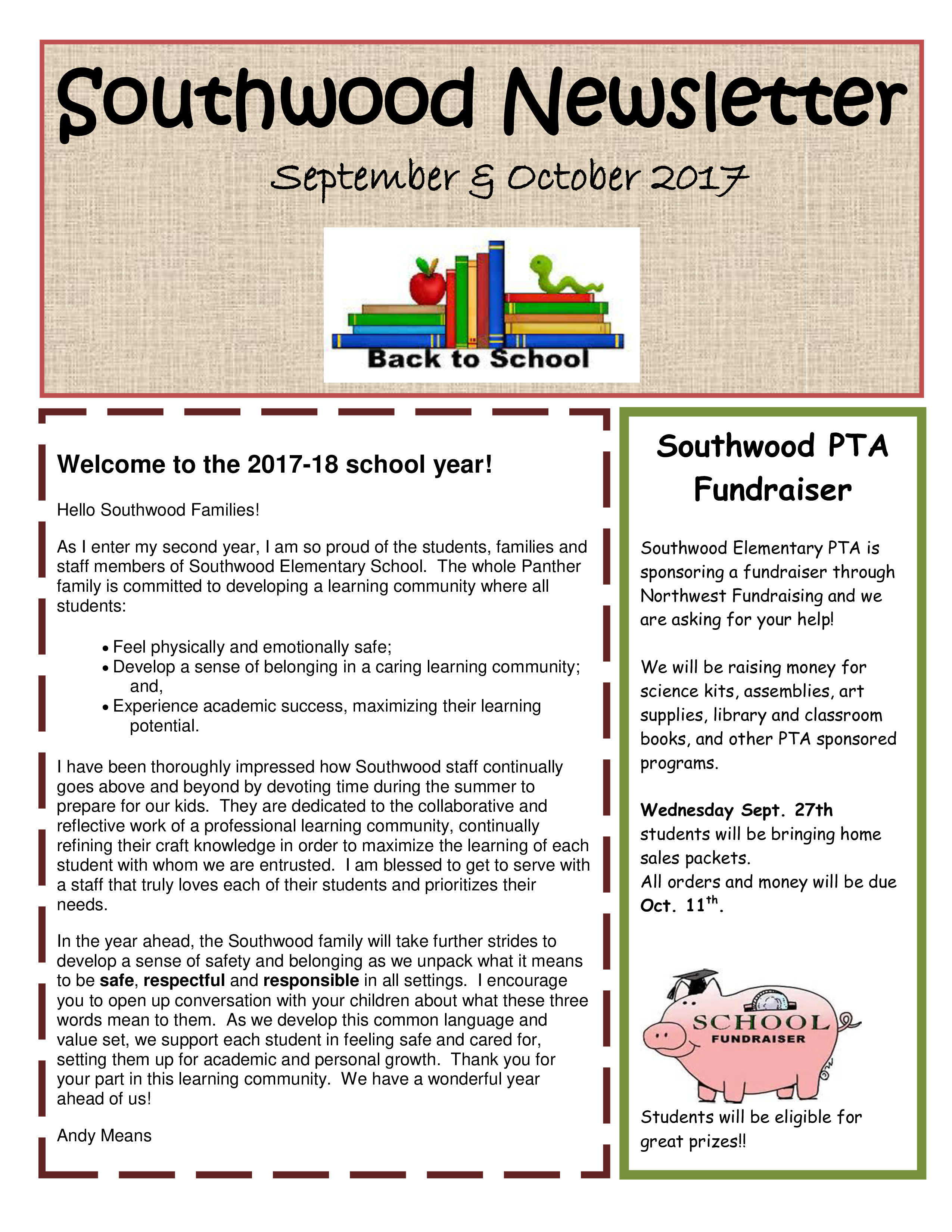 Education Back to School Newsletter sample