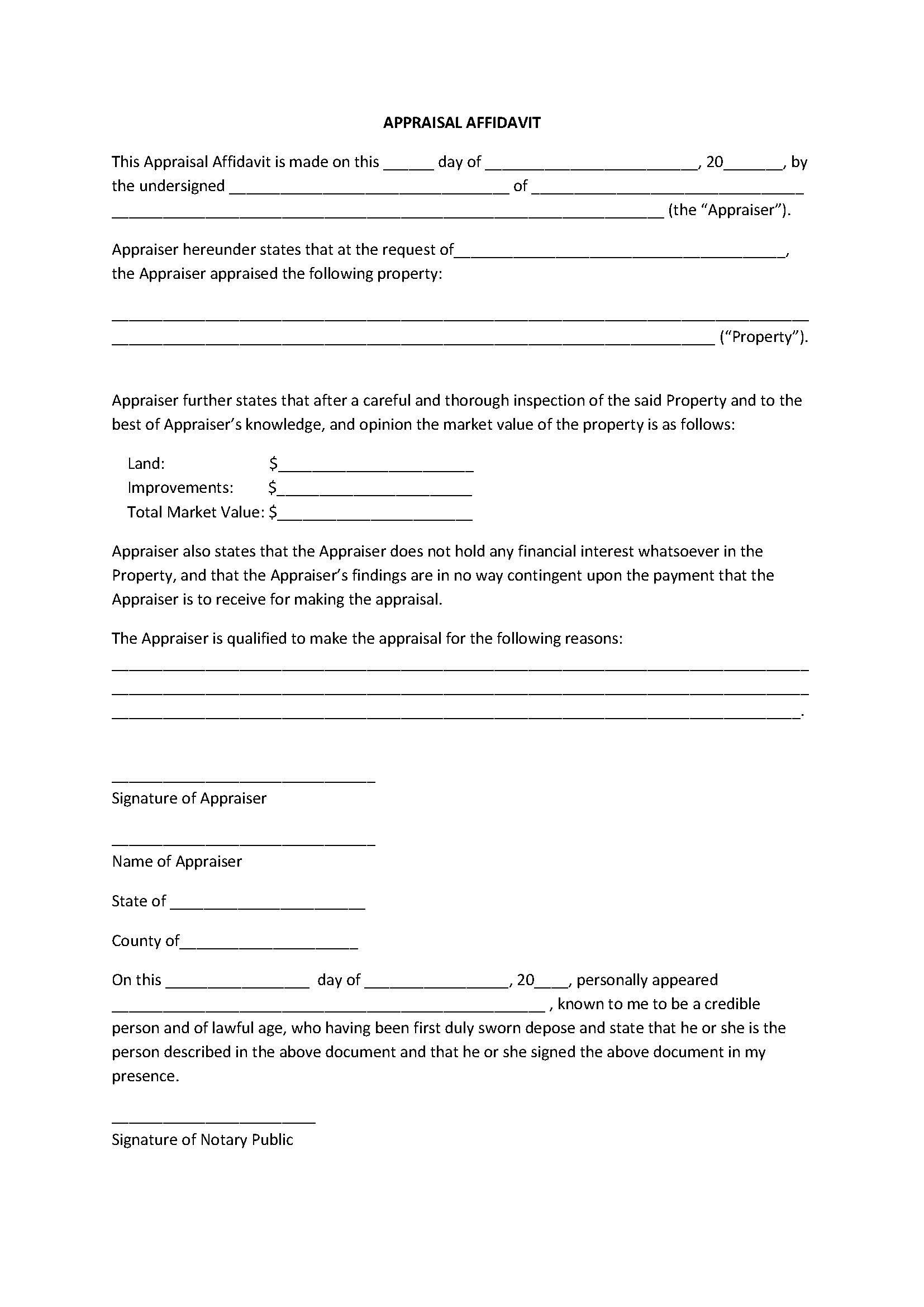 Appealing Appraisal Affidavit Form Template Sample