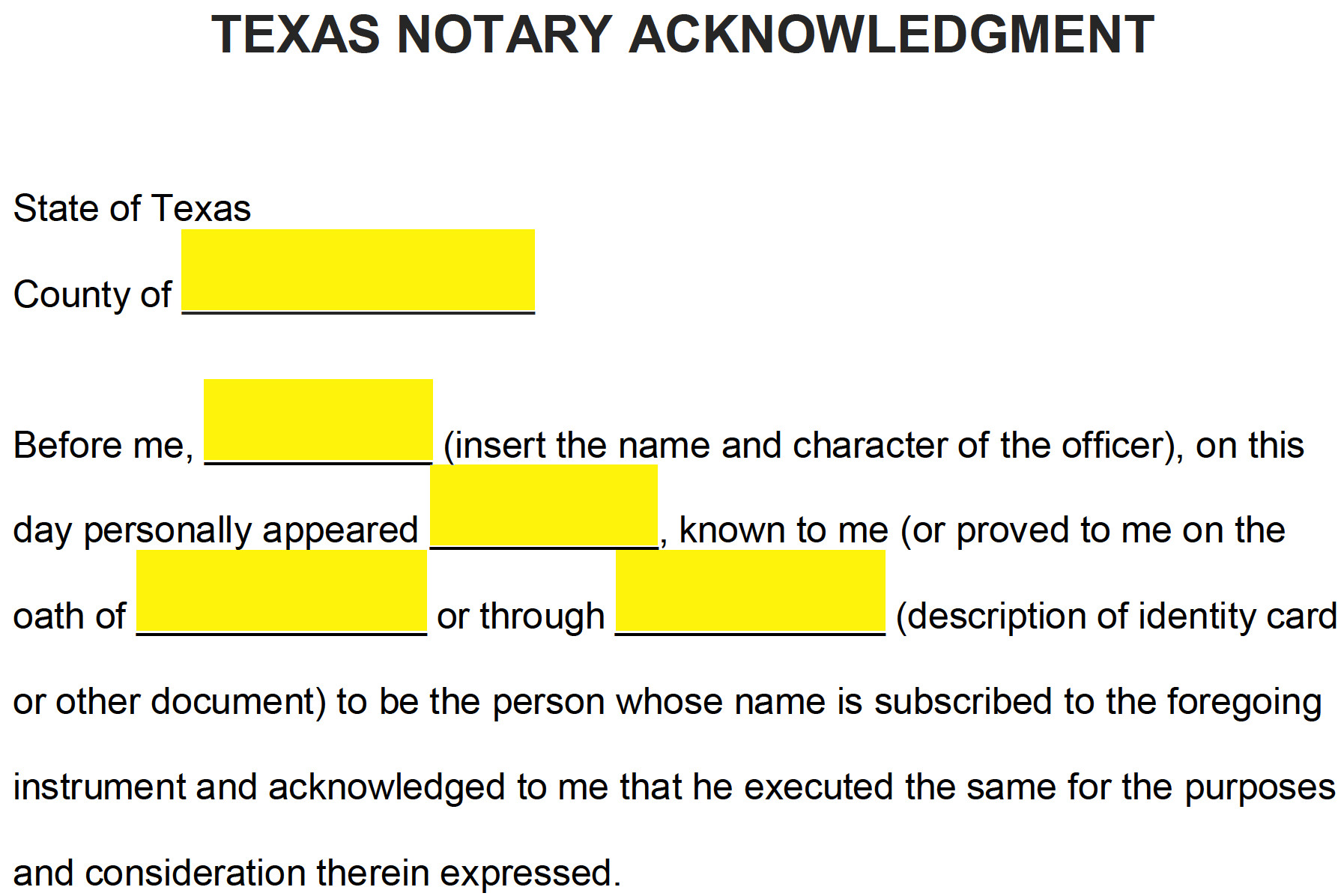 Free Texas Notary Acknowledgment Form PDF
