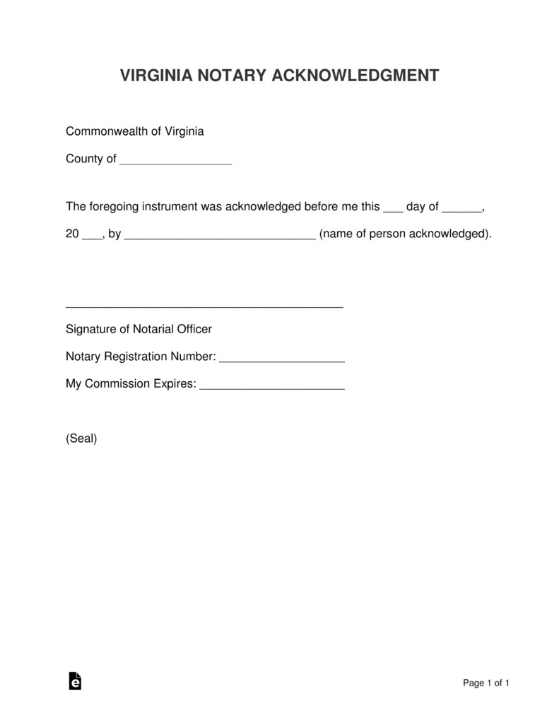 Free Virginia Notary Acknowledgment Form PDF