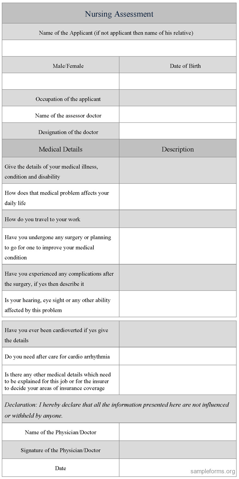 Nursing Assessment Form Sample Forms