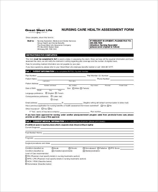 Sample Nursing Assessment Form 6 Documents in PDF