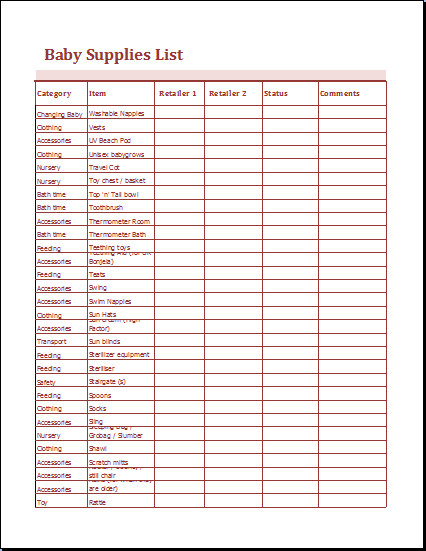 Printable Baby Supplies List MS Excel