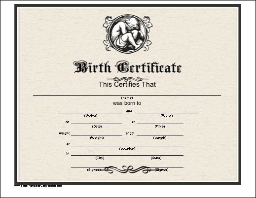 This printable birth certificate has an engraved look and