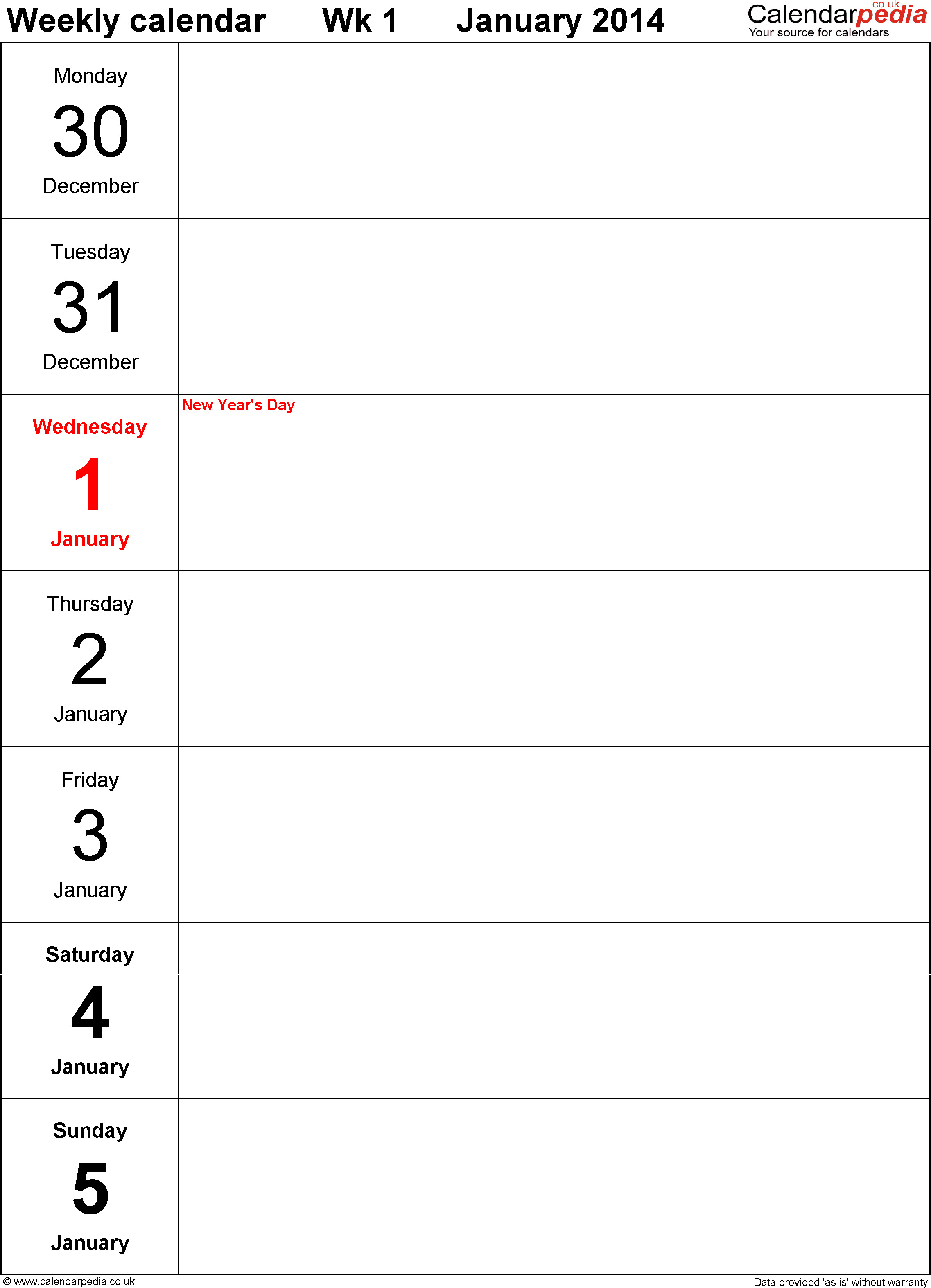 Weekly calendar 2014 UK free printable templates for PDF