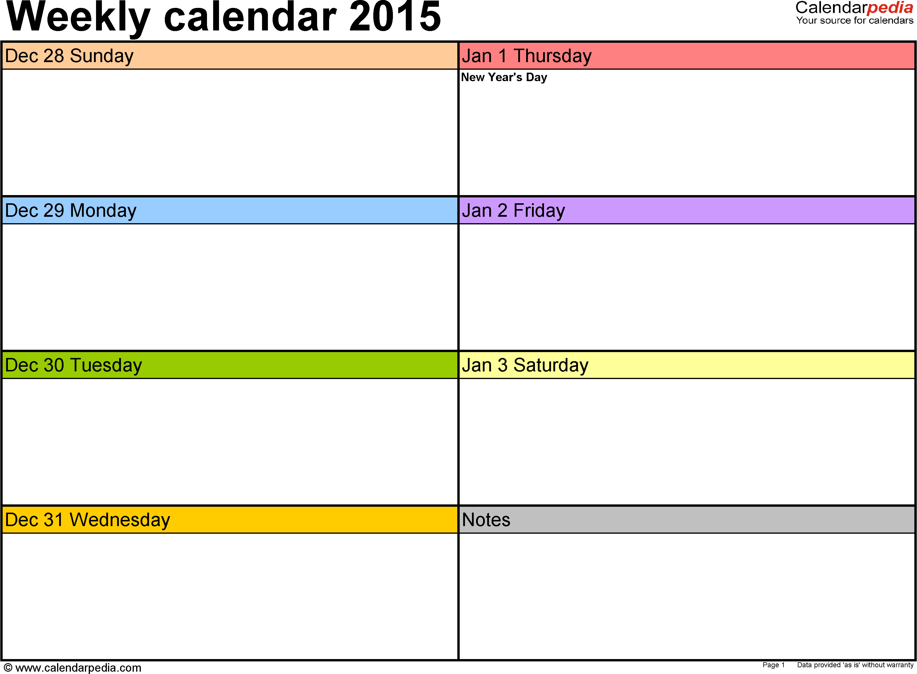 Weekly calendar 2015 for Excel 12 free printable templates