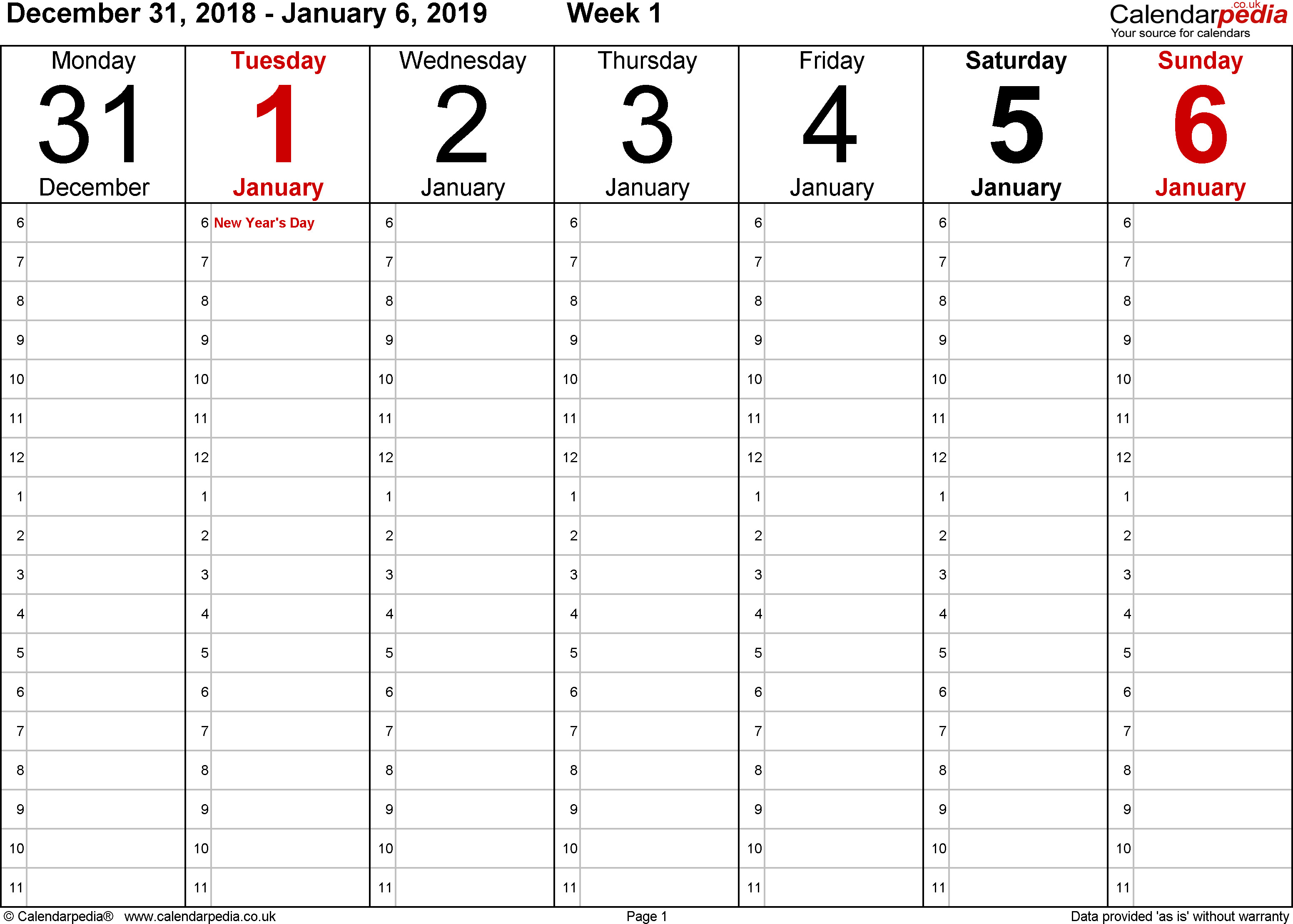 Weekly calendar 2019 UK free printable templates for Excel