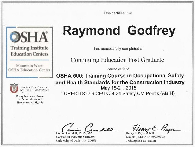 OSHA 500 2015 Ray Godfrey Certificate