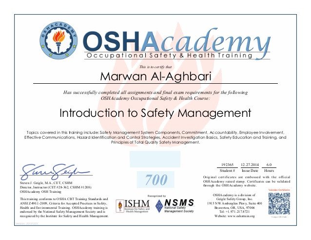 OSHAcademy Introduction to Safety Management Certificate