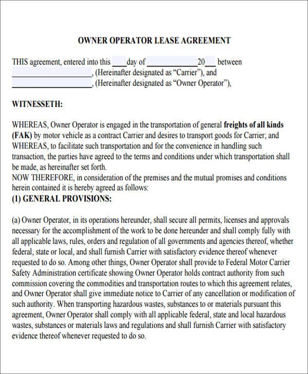 8 Owner Operator Lease Agreement Sample Free Sample