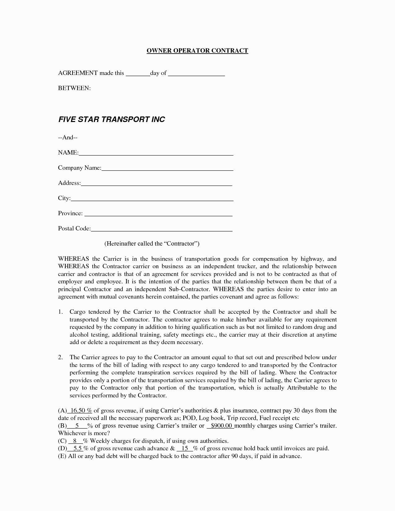 Agreement Between Driver and Owner Best Trucking Pany