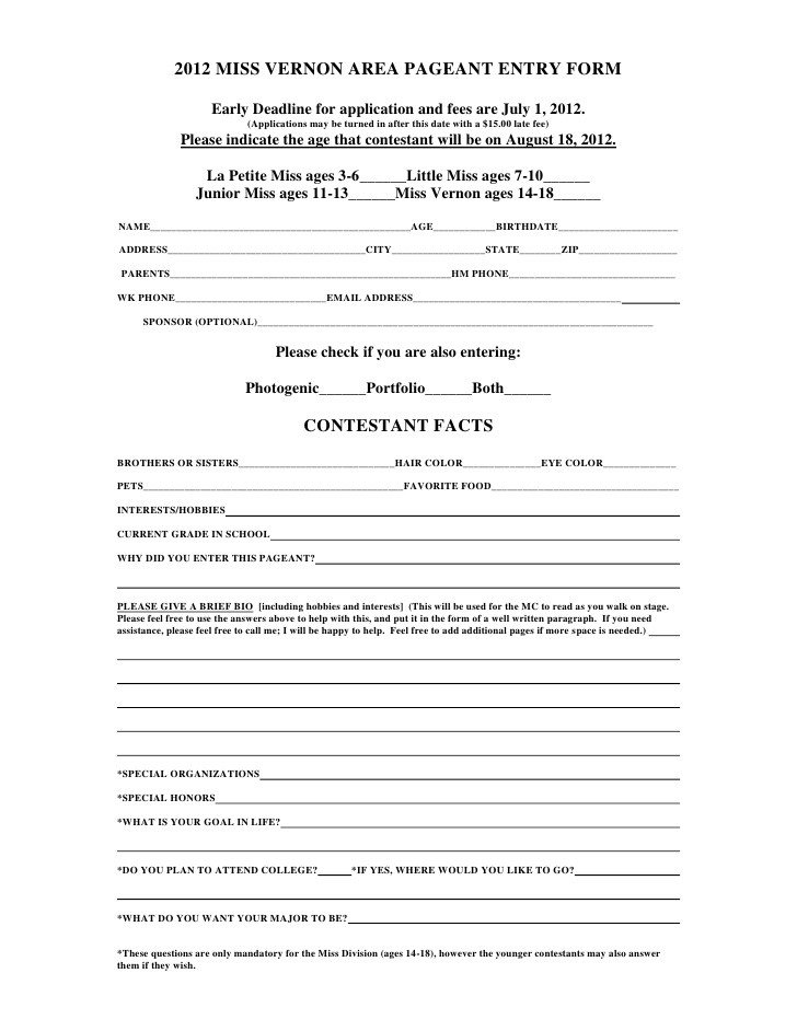 2012 pageant application