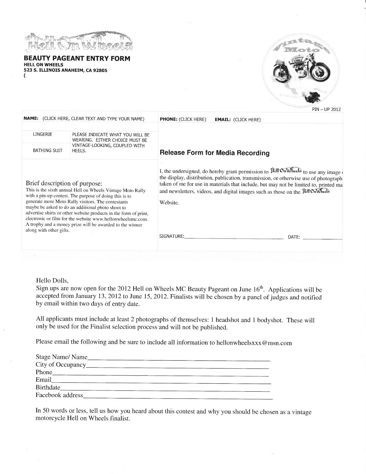 Hell on Wheels MC Blog 2012 PinUp Pageant entry form