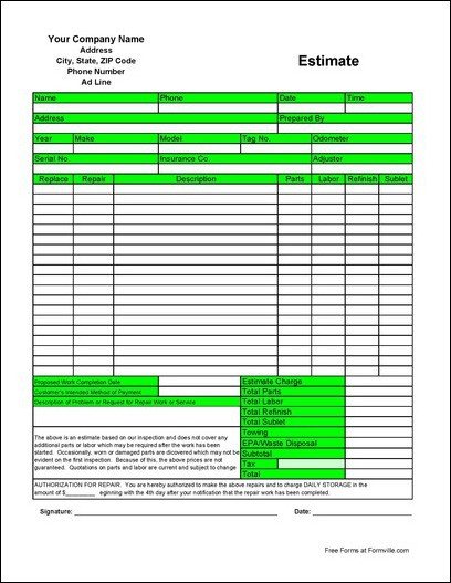 Auto Repair Estimate Template Excel
