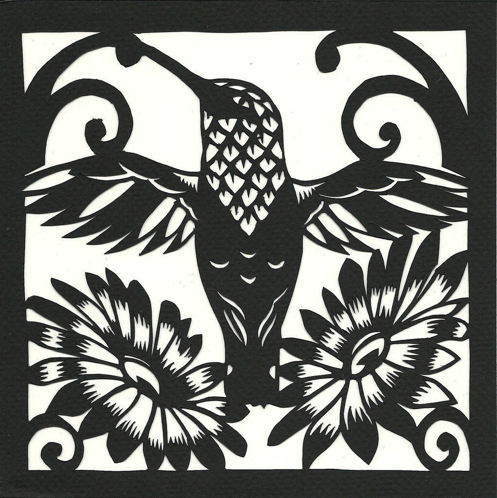 hummingbird and flowers 7" x 7" Cut Paper 2011